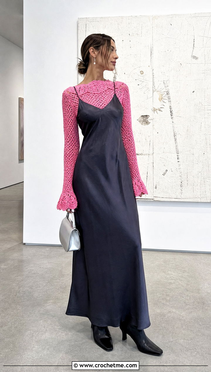 Scalloped Sleeve Crochet Top With Slip Dress - 35 crochet top sleeves outfit ideas