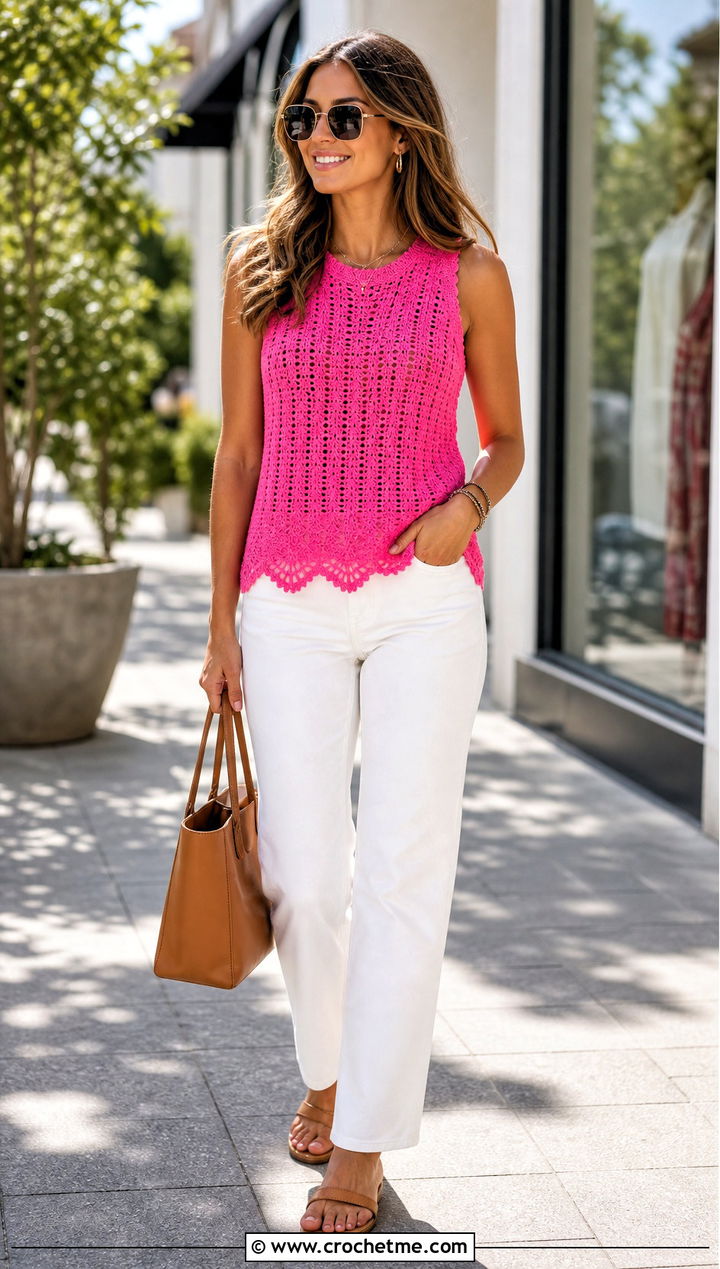 Scalloped Sleeveless Crochet Summer Jumper With White Jeans - 20 Crochet Summer Jumper outfit ideas