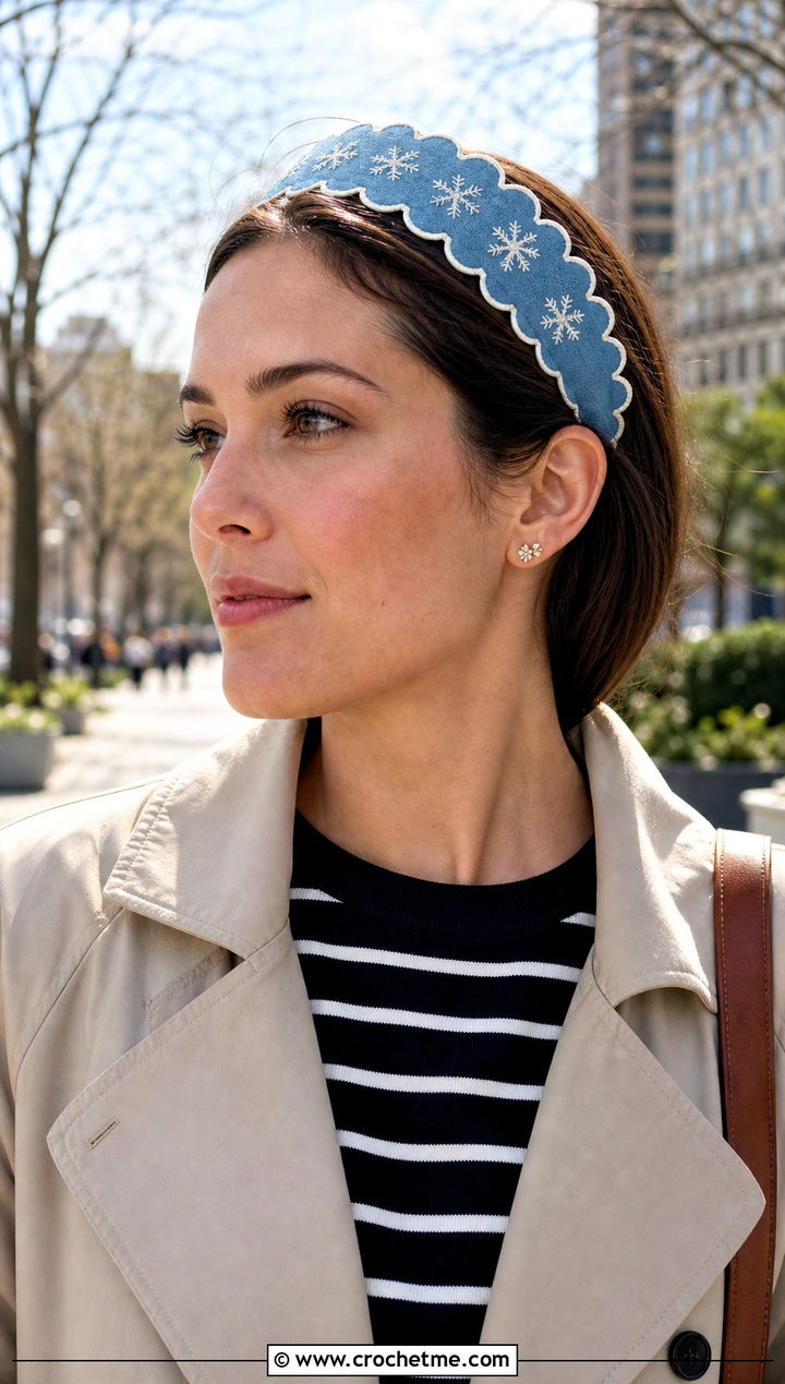 Scalloped Snowflake Headband With Trench Coat - 20 Crochet Snowflake Headband outfit ideas