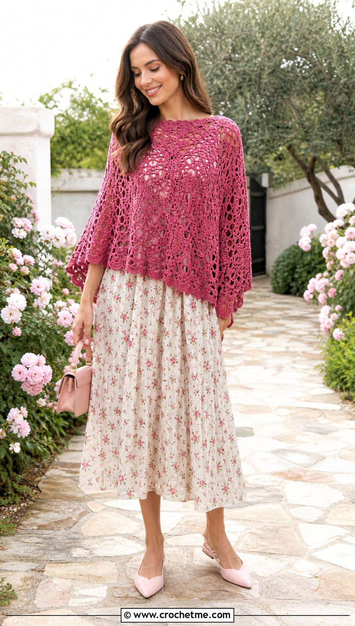 Scalloped Spider Web Crochet Poncho With Floral Midi Dress - 20 Spider Web Crochet Poncho outfit ideas