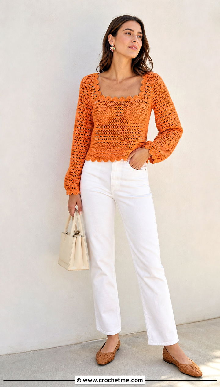 Scalloped Square Neck Crochet Sweater With White Denim - 15 Square Neck Crochet Sweater outfit ideas