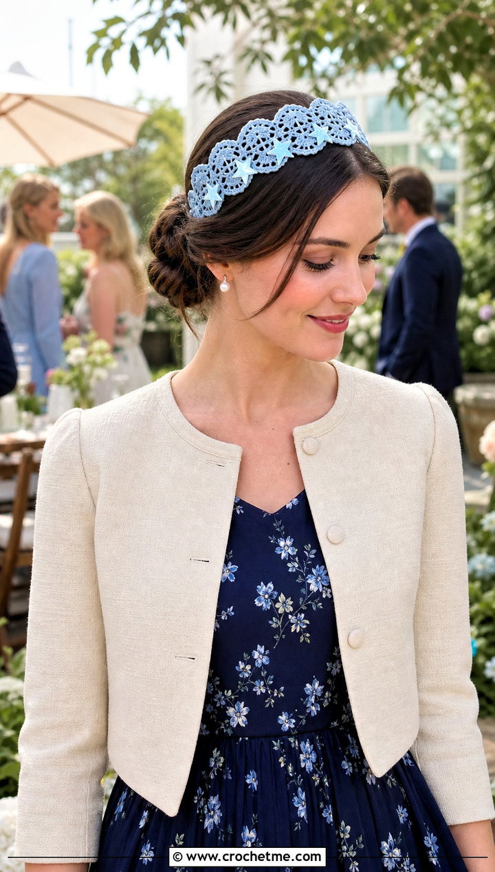Scalloped Star Headband With Floral Midi Dress - 25 crochet star headband outfit ideas