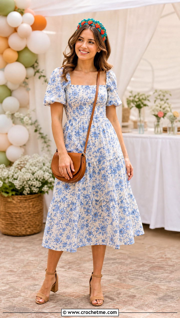 Scalloped Strawberry Headband With Floral Midi Dress - 35 Crochet Strawberry Headband outfit ideas