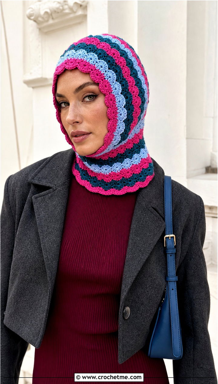 Scalloped Striped Crochet Balaclava With Midi Dress - 15 Striped Crochet Balaclava outfit ideas