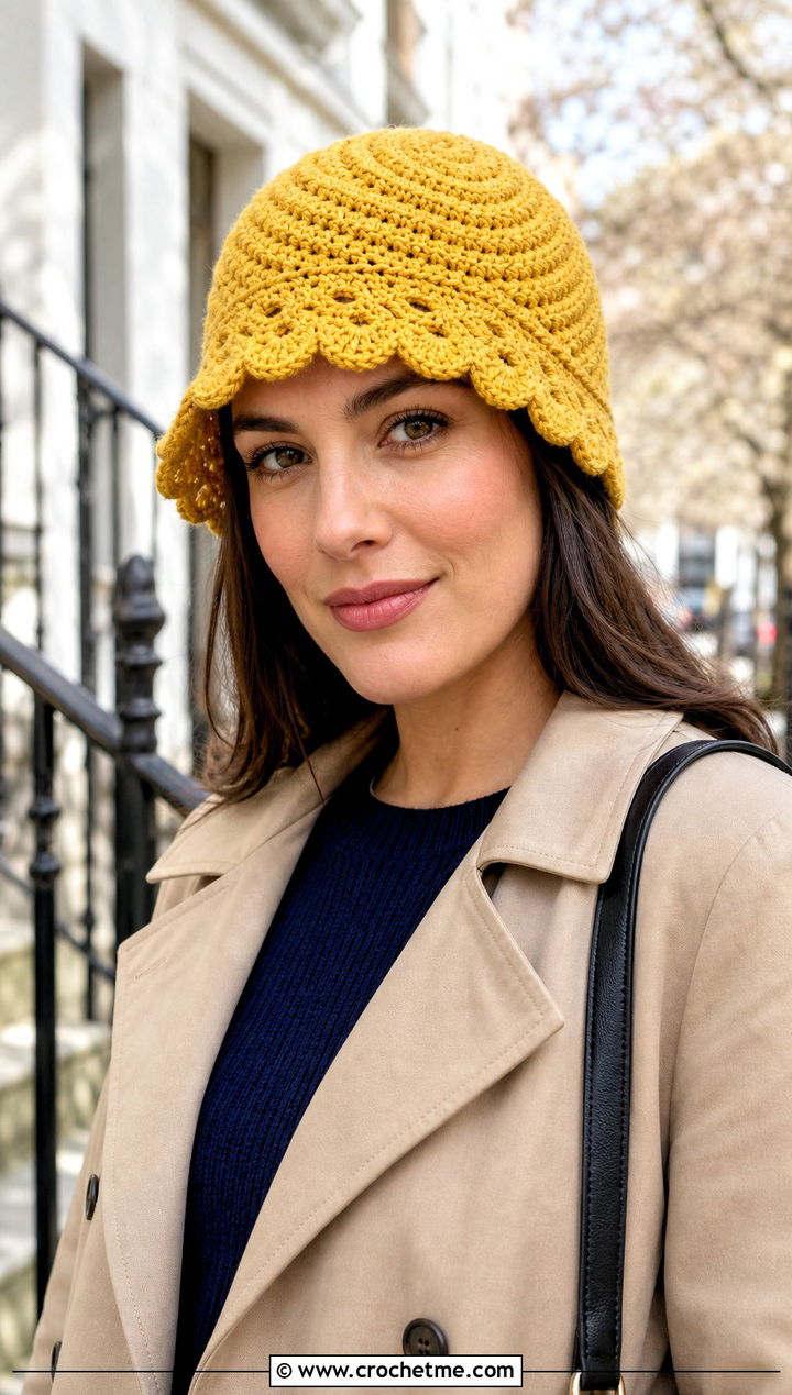Scalloped Swirl Crochet Cloche With Trench Coat And Loafers - 30 crochet swirl hat outfit ideas