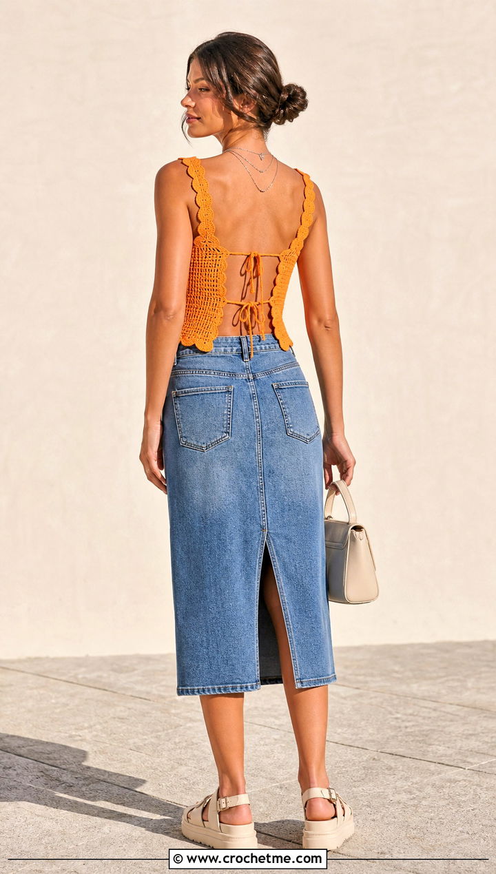 Scalloped Tie Back Crochet Top With Denim Midi Skirt - 15 tie back crochet top outfit ideas