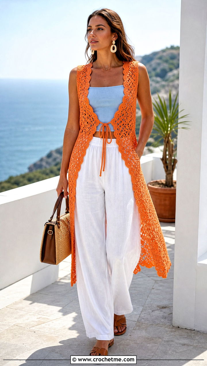 Scalloped Tie Front Crochet Duster Vest With Linen Trousers - 20 crochet duster vest outfit ideas