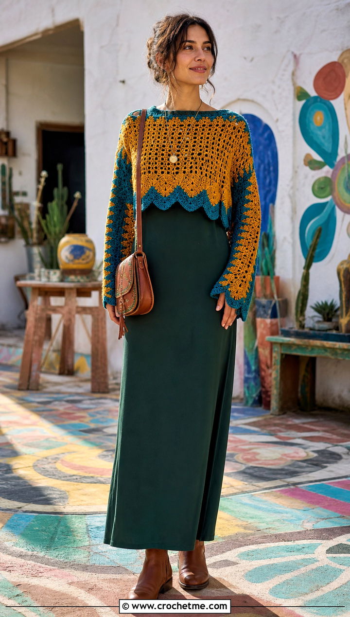 Scalloped Tom Daley Crochet Sweater Over A Maxi Dress - 25 tom daley crochet sweater outfit ideas