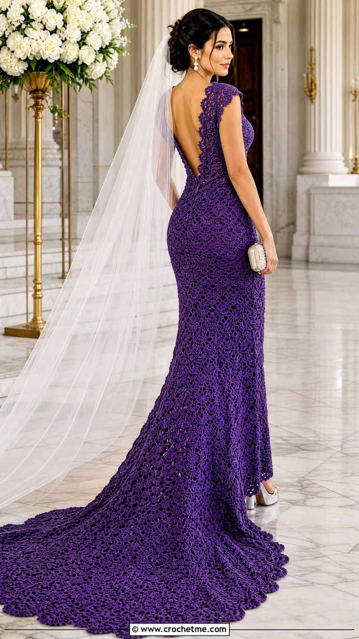 Scalloped Train Crochet Wedding Dress With Cathedral Veil - 35 crochet wedding dresses outfit ideas