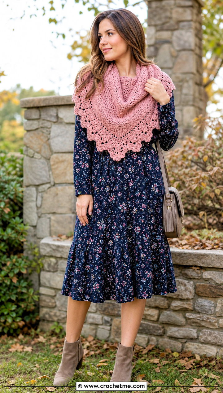Scalloped Triangle Cowl With Floral Dress - 30 crochet triangle cowl outfit ideas