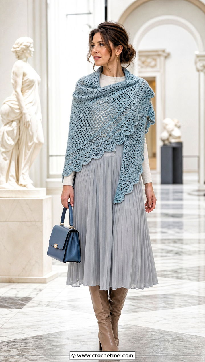 Scalloped Triangle Crochet Shawl With Pleated Skirt - 25 triangle crochet shawls outfit ideas
