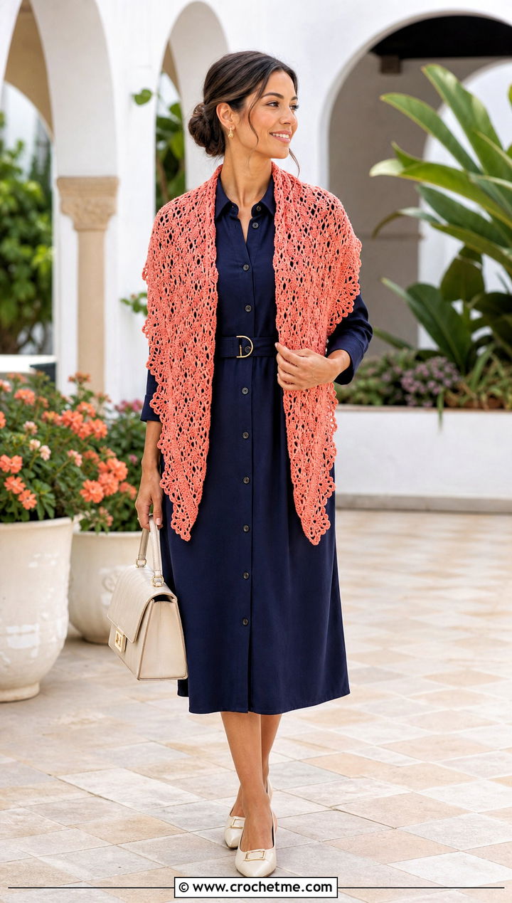 Scalloped Triangle Shawl With Belted Shirt Dress - 35 Easy Simple Crochet Triangle Shawl outfit ideas