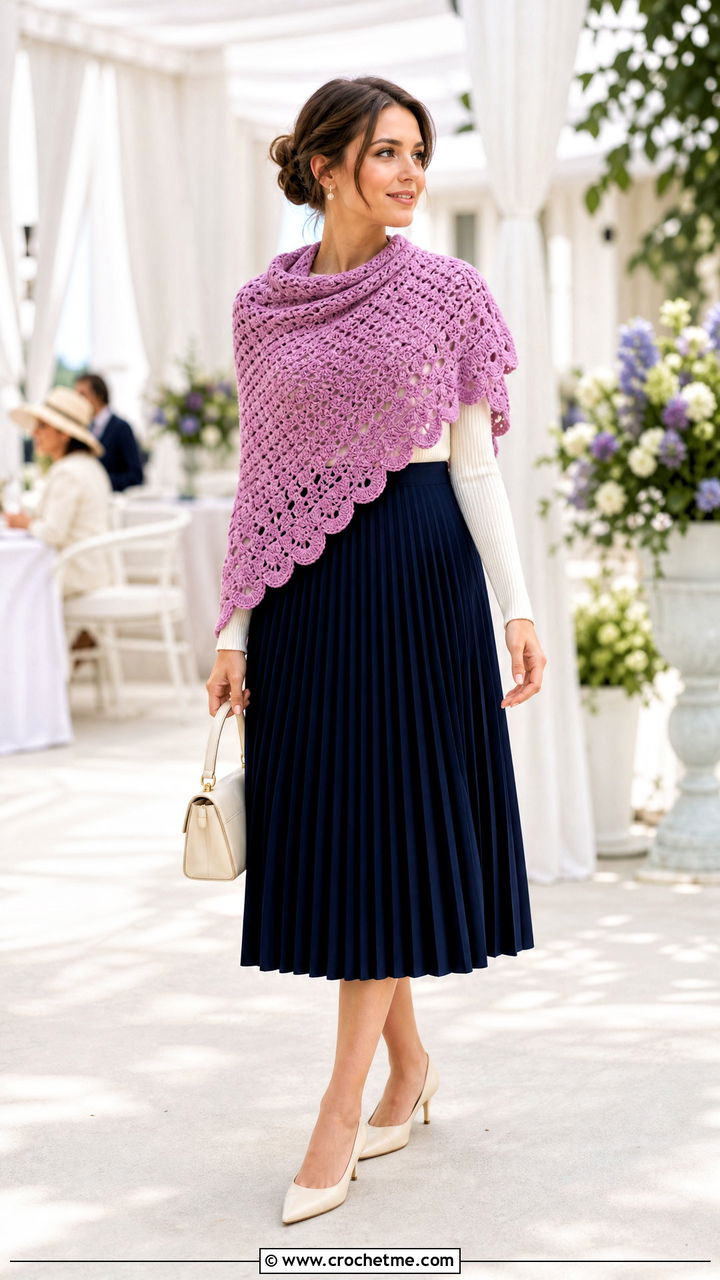 Scalloped Triangle Shawl With Pleated Midi Skirt - 35 crochet triangle shawl outfit ideas