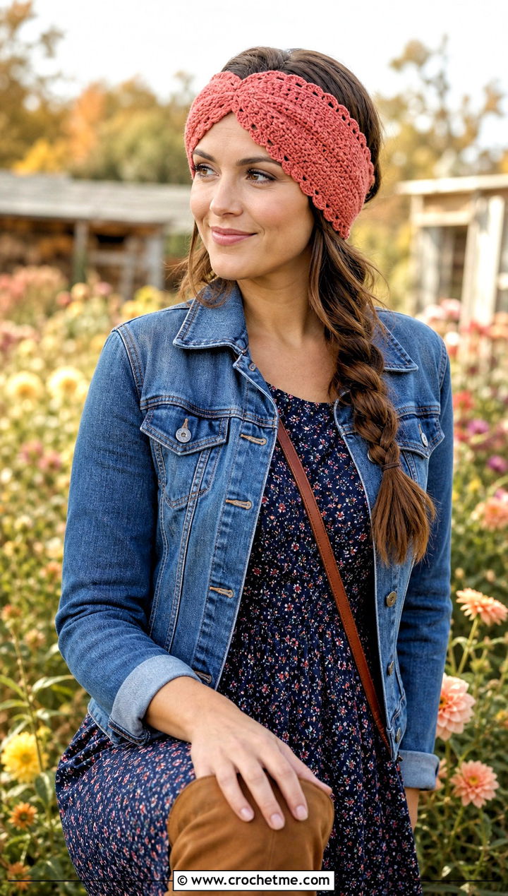 Scalloped Twist Ear Warmer With Prairie Dress - 25 Crochet Twist Ear Warmer outfit ideas