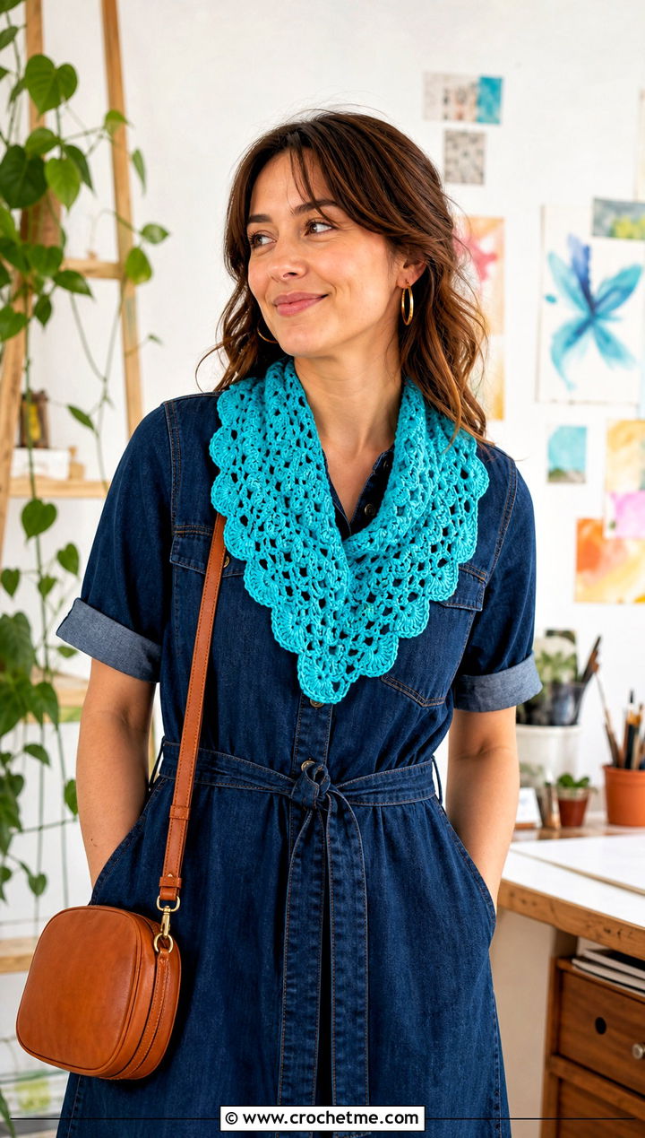 Scalloped V Stitch Crochet Scarf With Denim Dress - 25 v stitch crochet scarf outfit ideas