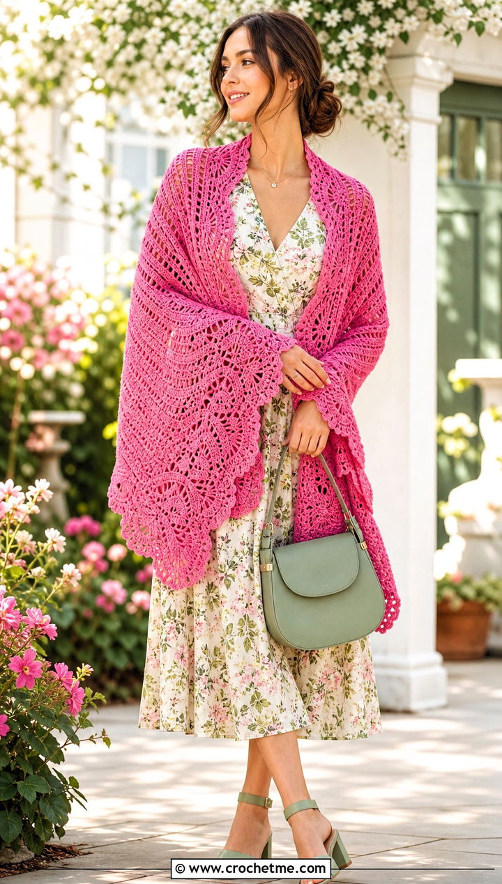 Scalloped Virus Shawl With Floral Dress - 35 crochet virus shawl outfit ideas