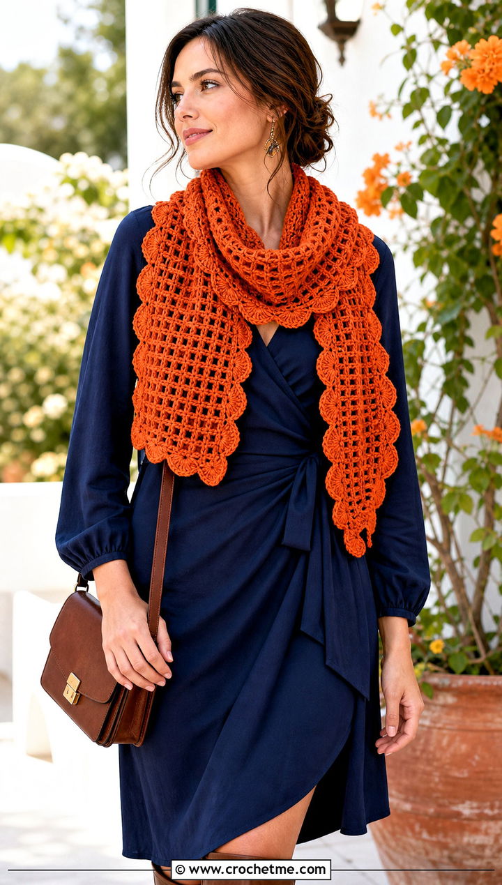Scalloped Waffle Stitch Crochet Scarf With Wrap Dress - 30 waffle stitch crochet scarf outfit ideas