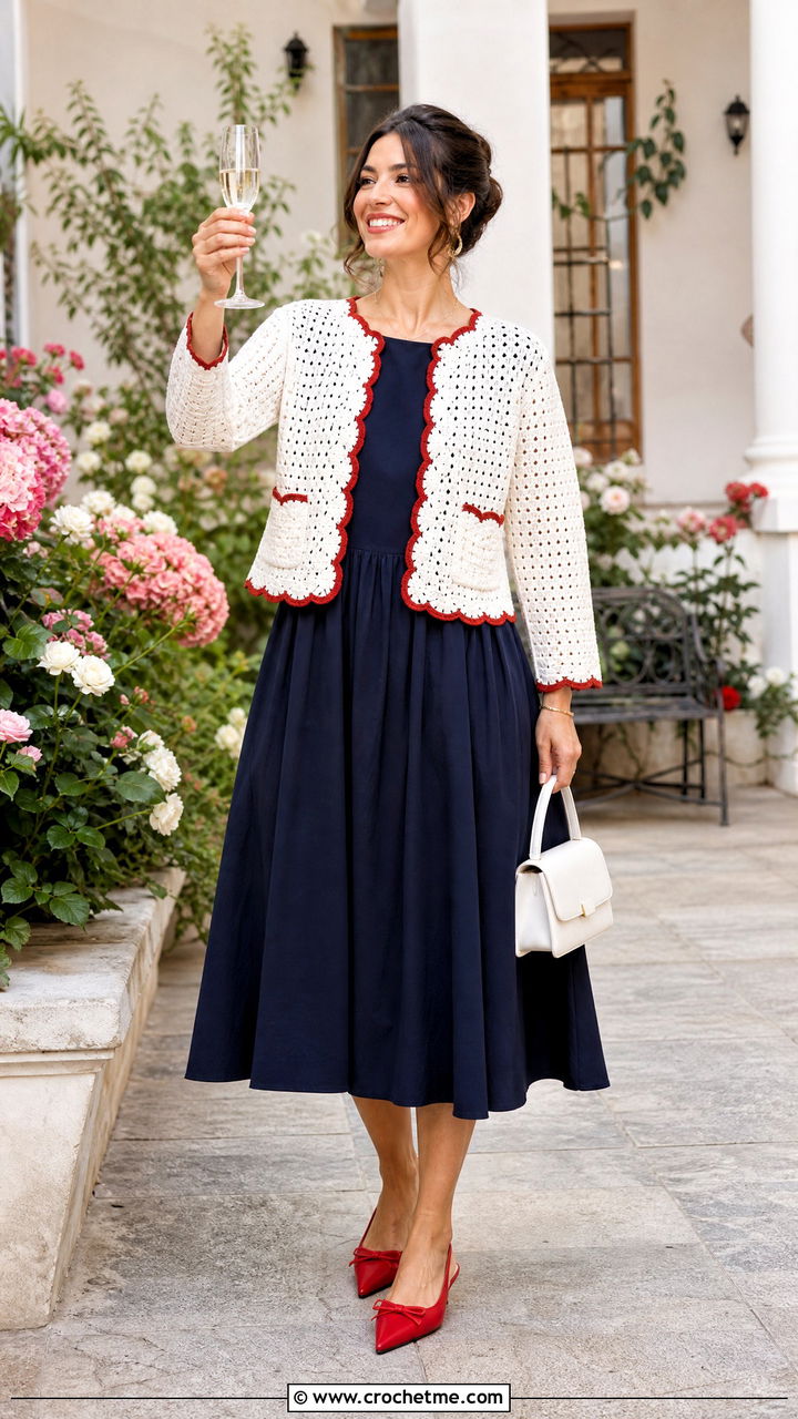 Scalloped White Crochet Cardigan With Tea Length Dress - 35 White Crochet Cardigan Outfit ideas