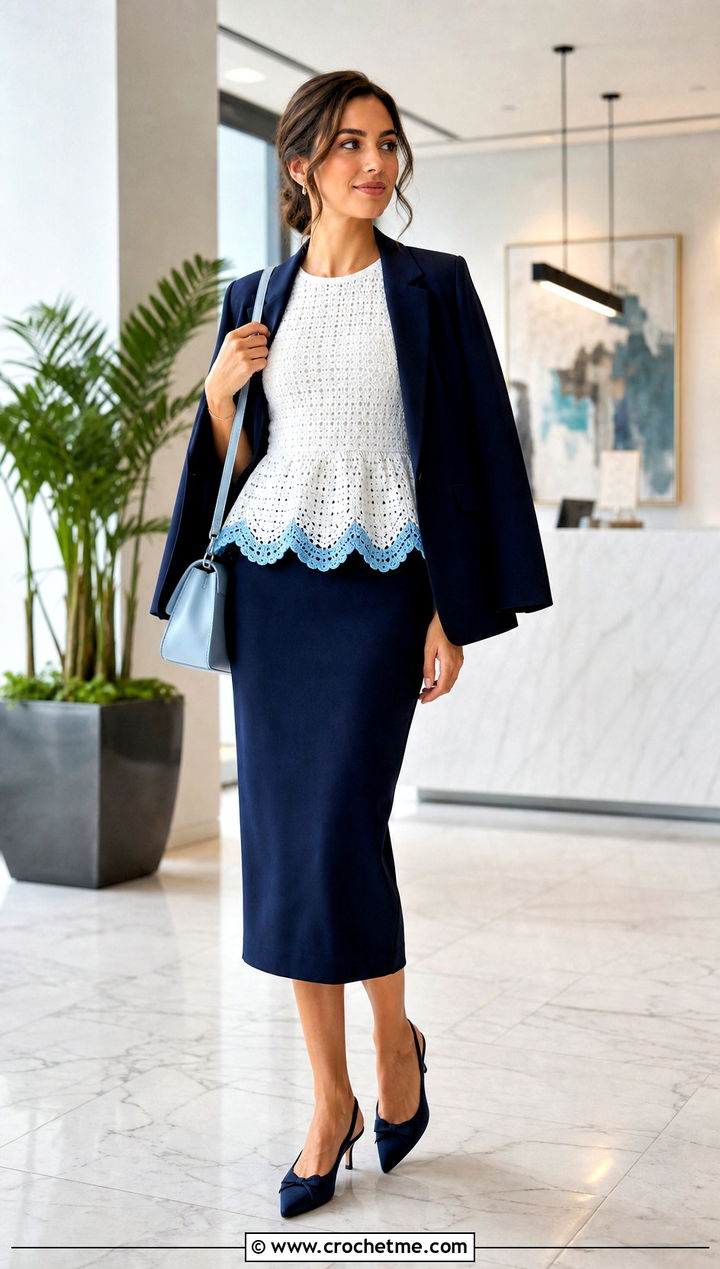 Scalloped White Crochet Peplum Top With Column Skirt And Blazer - 15 White Crochet Peplum Top outfit ideas