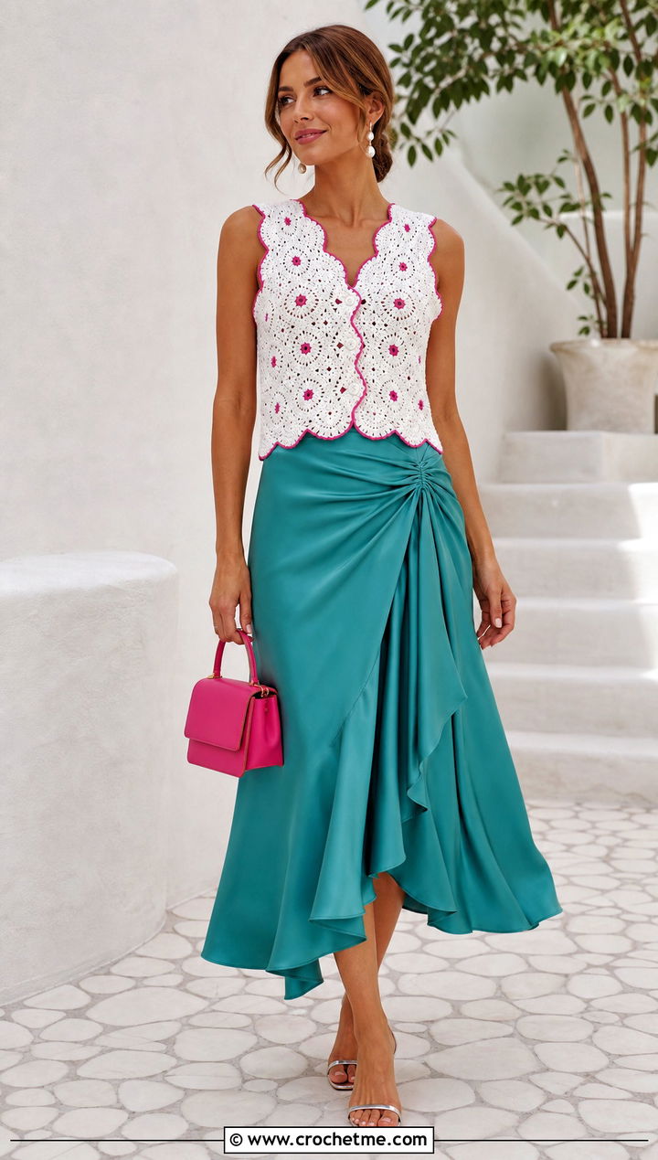 Scalloped White Crochet Vest With Satin Midi Skirt - 35 white crochet vest outfit ideas