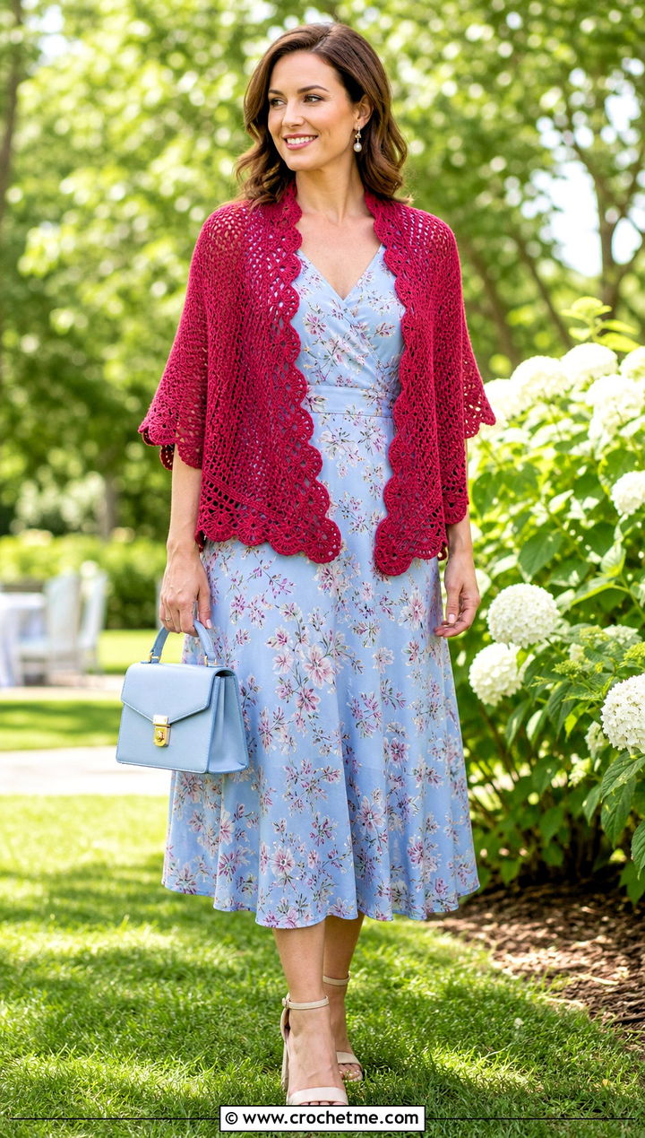 Scalloped Wrap Around Shrug With Floral Midi Dress - 25 crochet wrap around shrug with sleeves outfit ideas