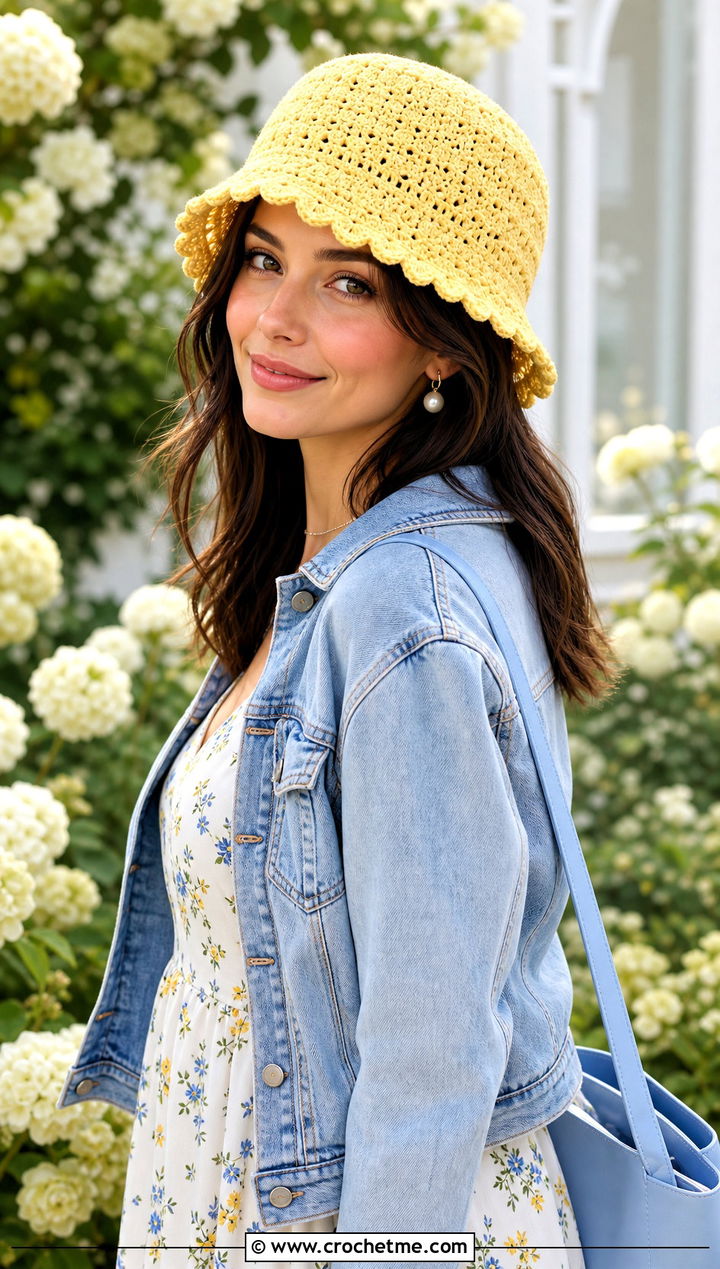 Scalloped Yellow Crochet Bucket Hat With Floral Midi Dress - 30 yellow crochet bucket hat outfit ideas