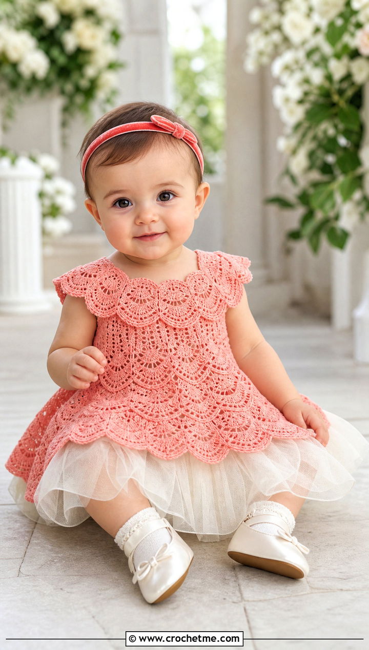 Scalloped Yoke Crochet Baptism Dress With Tulle Underskirt - 15 crochet baptism dress outfit ideas