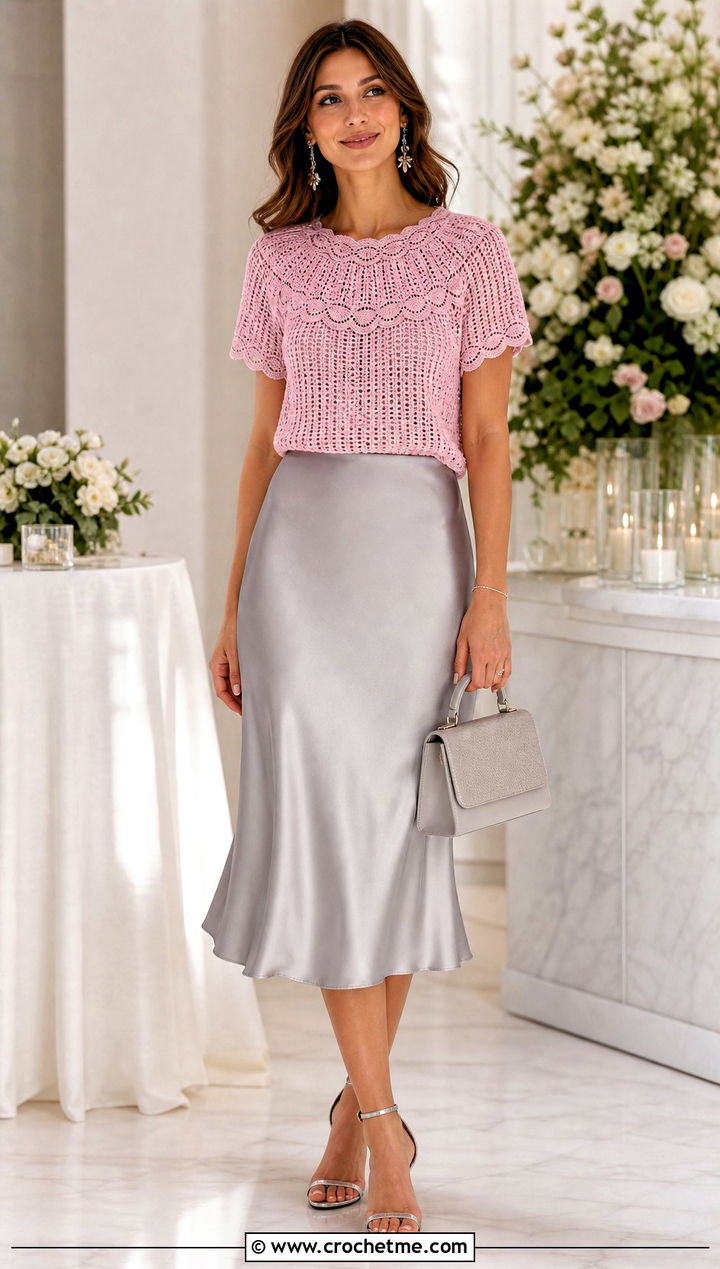 Scalloped Yoke Crochet Shirt With Satin Slip Skirt - 15 Crochet Yoke Shirt outfit ideas