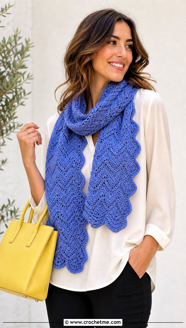Scalloped Zig Zag Crochet Scarf With Capri Pants - 25 Zig Zag Crochet Scarf outfit ideas