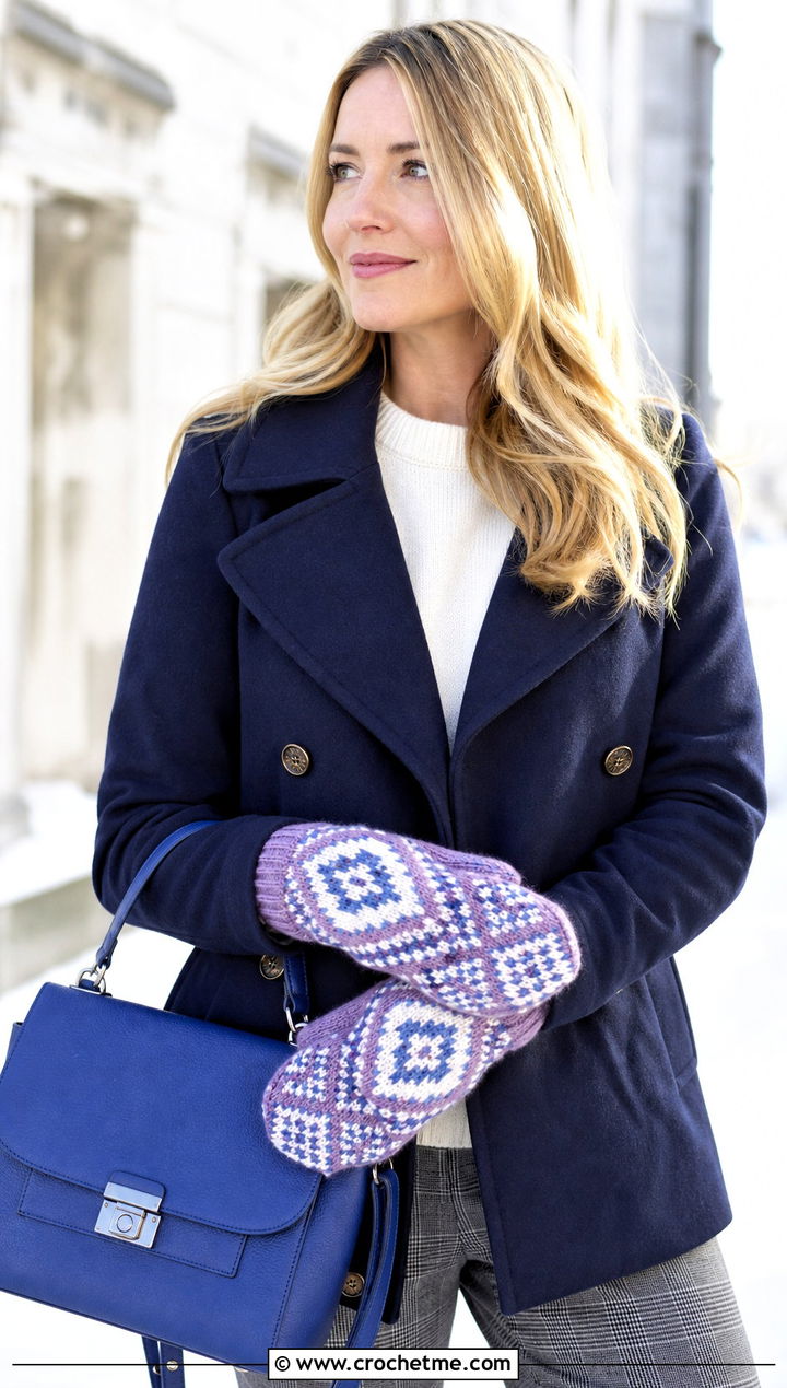 Scandinavian Colorwork Crochet Mittens With Peacoat And Plaid Pants - 25 Easy Crocheted Mittens outfit ideas