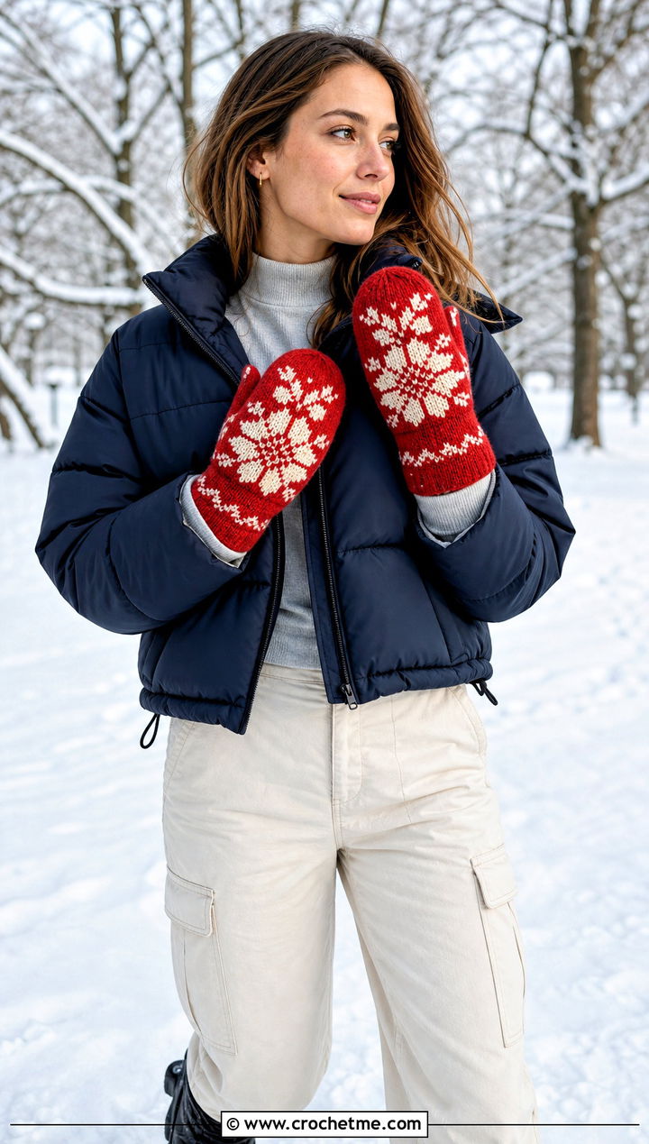 Scandinavian Crocheted Mittens With Puffer Jacket - 30 Crocheted Mittens outfit ideas