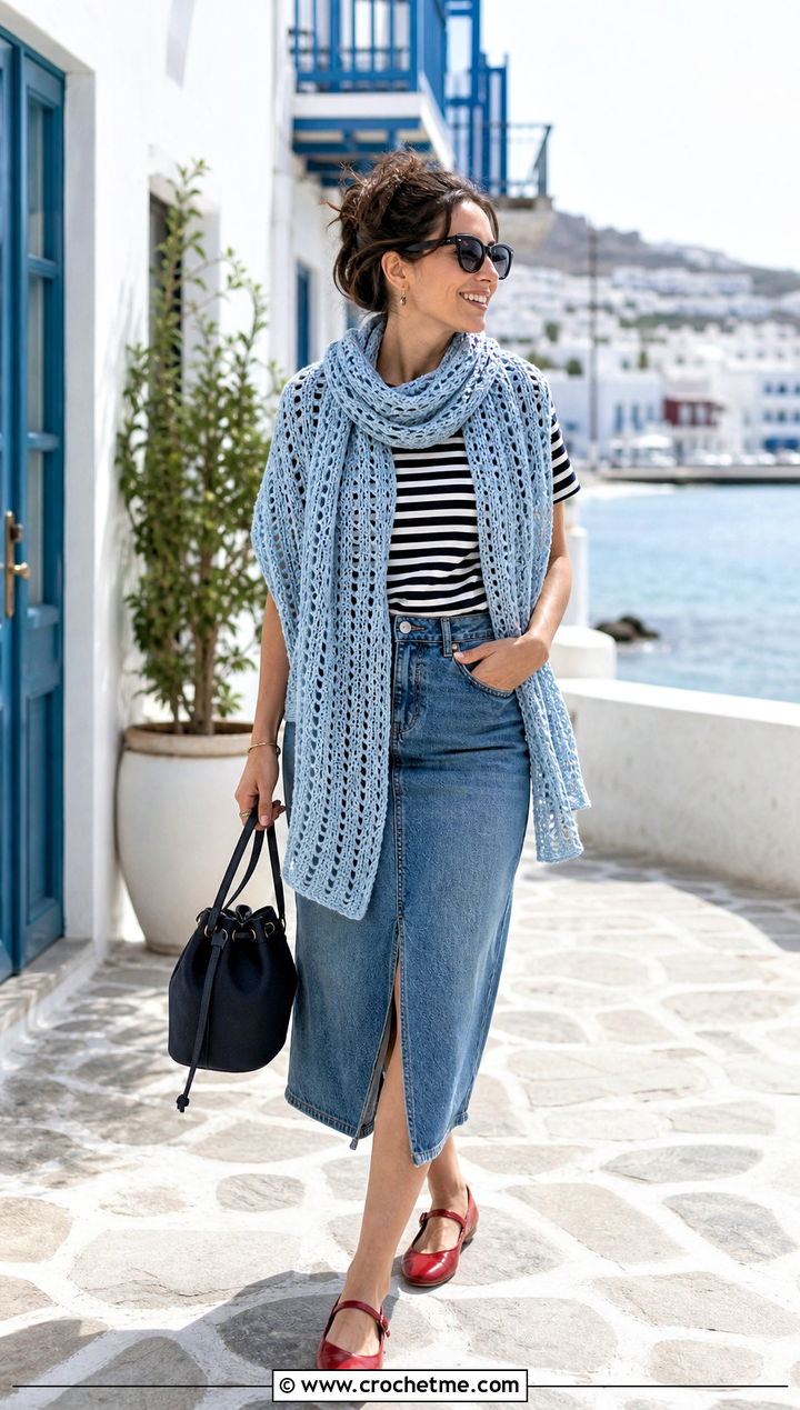 Scarf Crochet Shawl With Striped Tee And Denim Midi Skirt - 35 quick crochet shawl outfit ideas