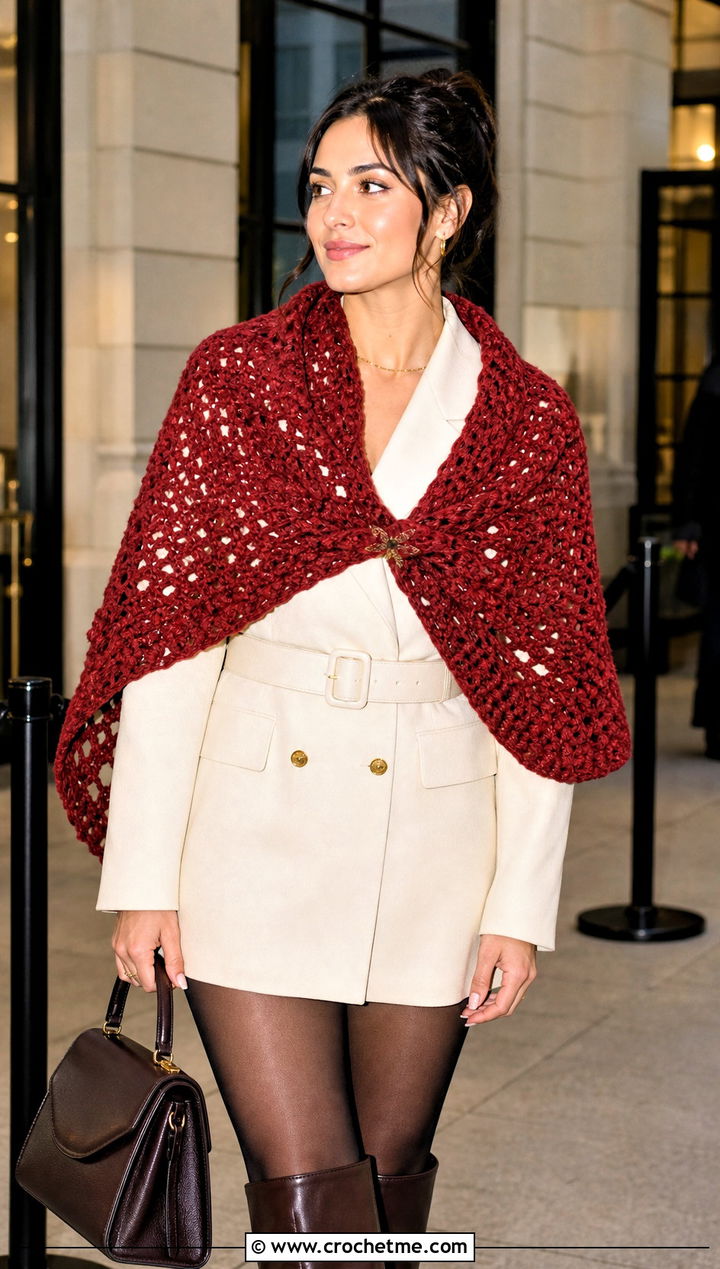 Scarf Shawl Hybrid With Blazer Dress - 25 Fall Crochet Shawl outfit ideas