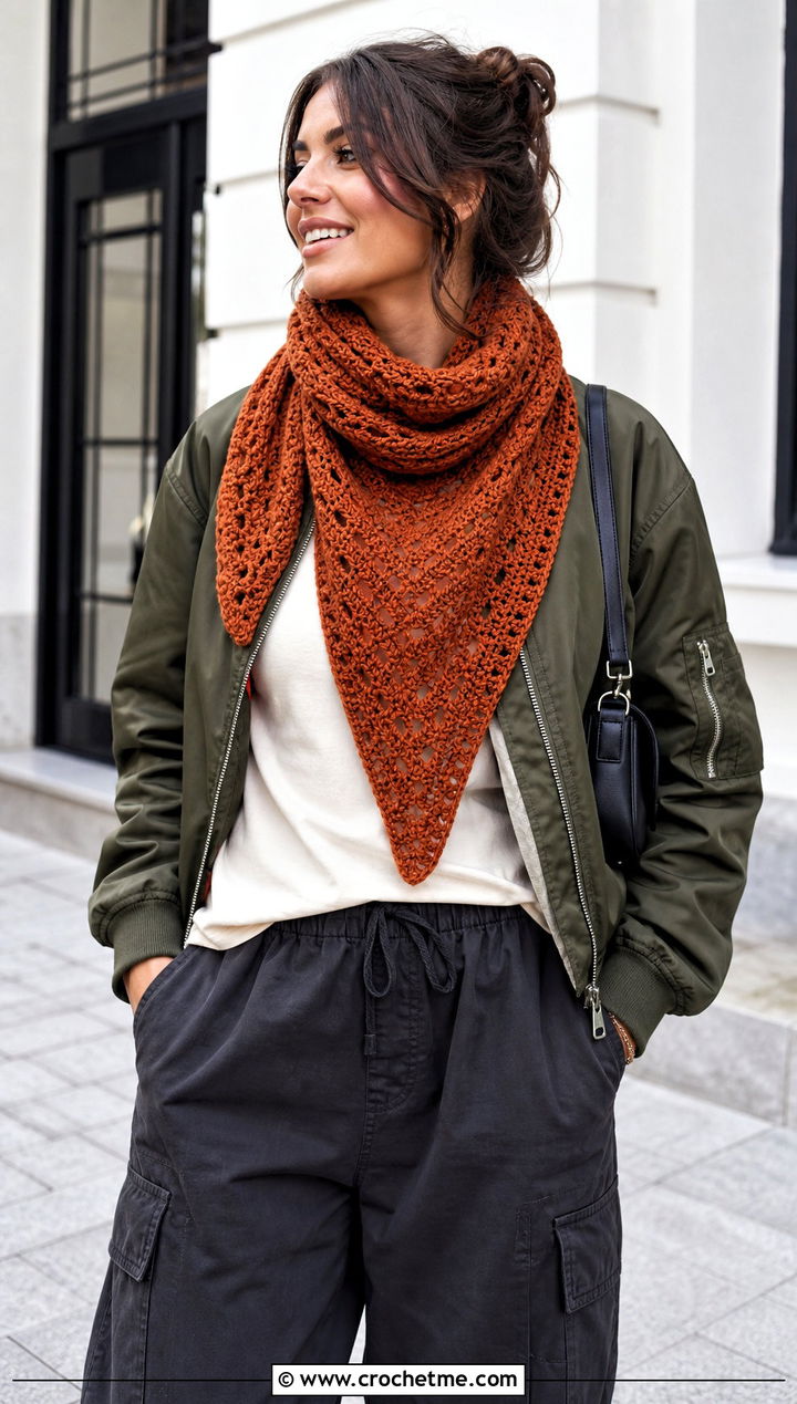 Scarf Style V Stitch Crochet Shawl With Bomber Jacket - 25 V Stitch Crochet Shawl outfit ideas
