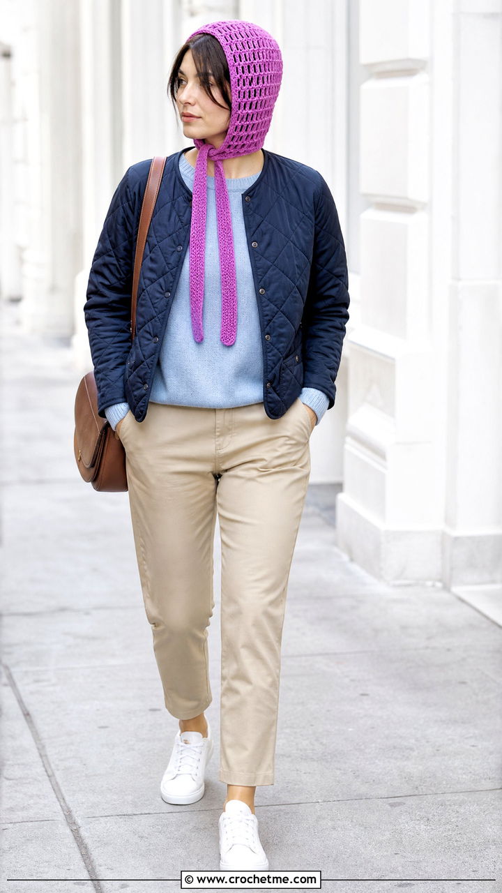 Scarf Tie Crochet Balaclava With Quilted Jacket And Chinos - 35 crochet balaclava outfit ideas