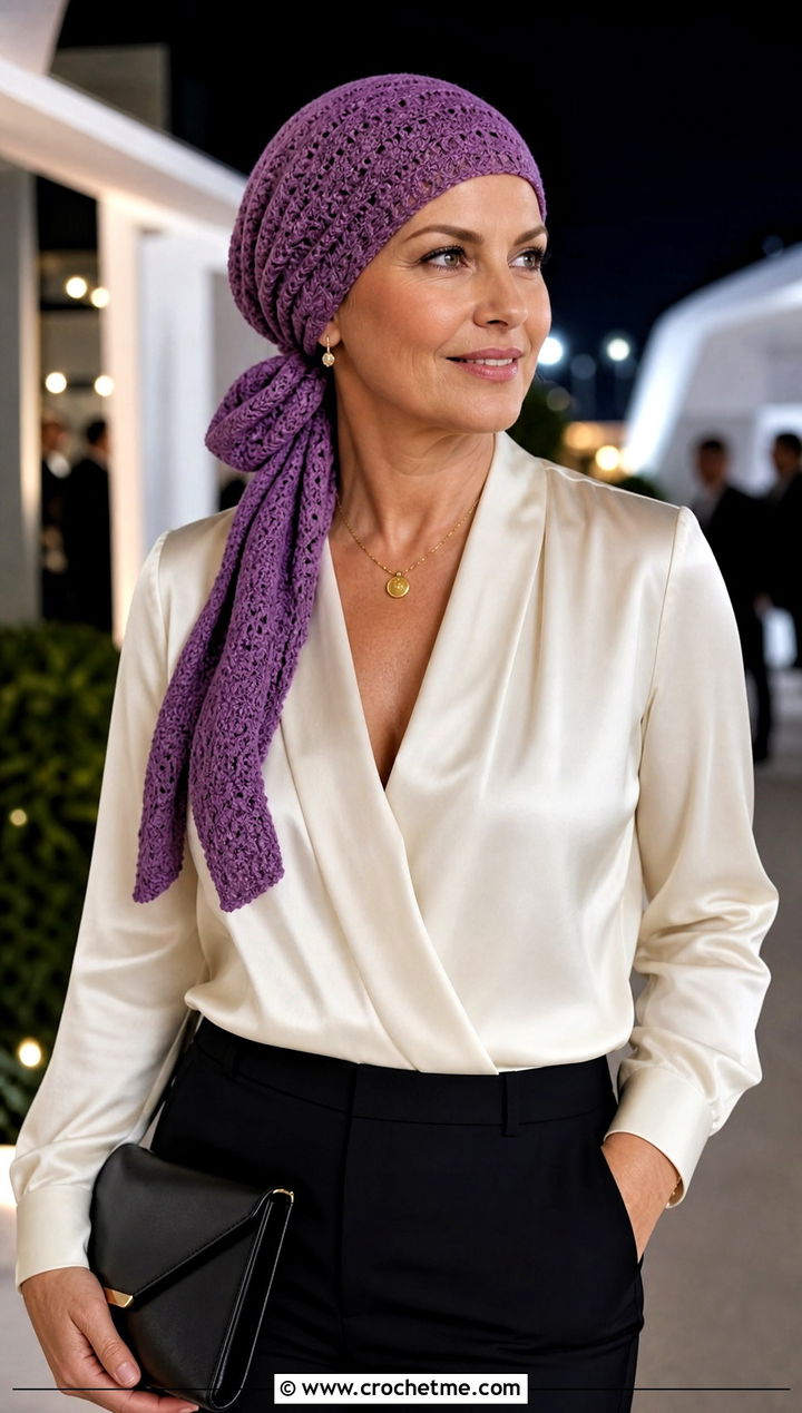 Scarf Tie Crochet Chemo Cap With Satin Blouse - 20 Easy Crochet Chemo Hats outfit ideas