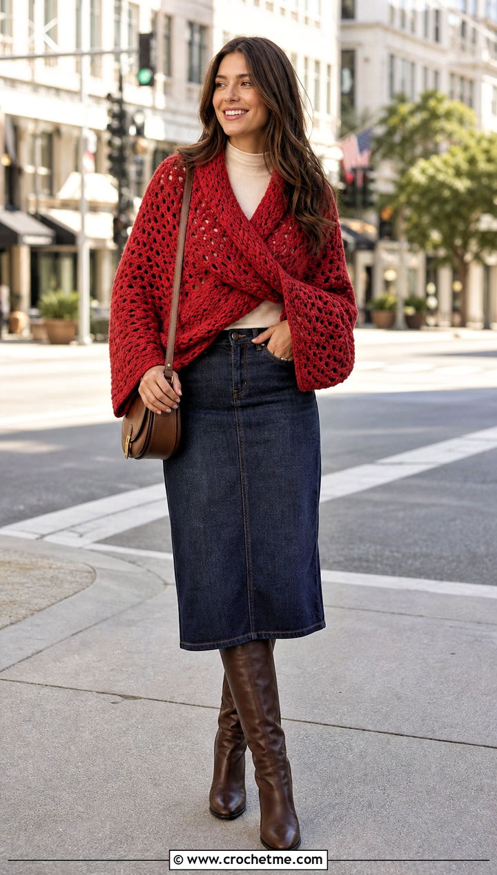Scarf With Sleeves Snowfall Crochet Sweater Scarf With Denim Skirt - 15 Snowfall Crochet Sweater Scarf outfit ideas