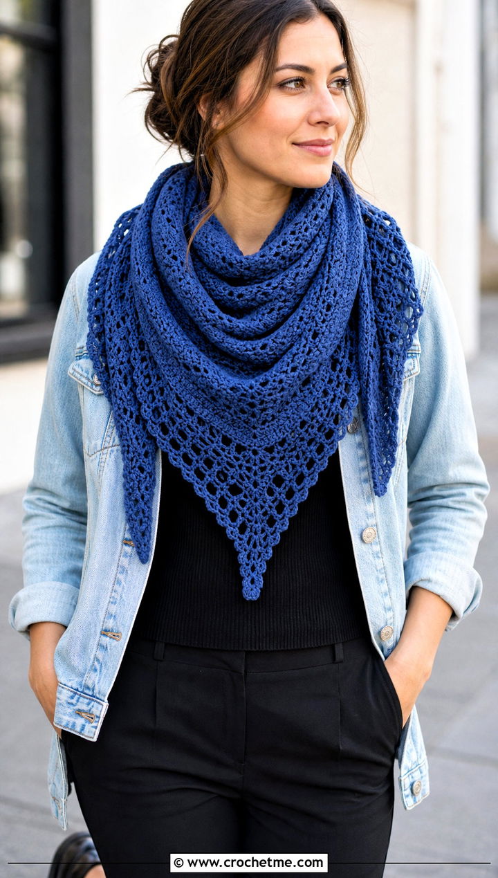 Scarf Wrapped Fall River Crochet Shawl With a Denim Jacket - 25 Fall River Crochet Shawl outfit ideas