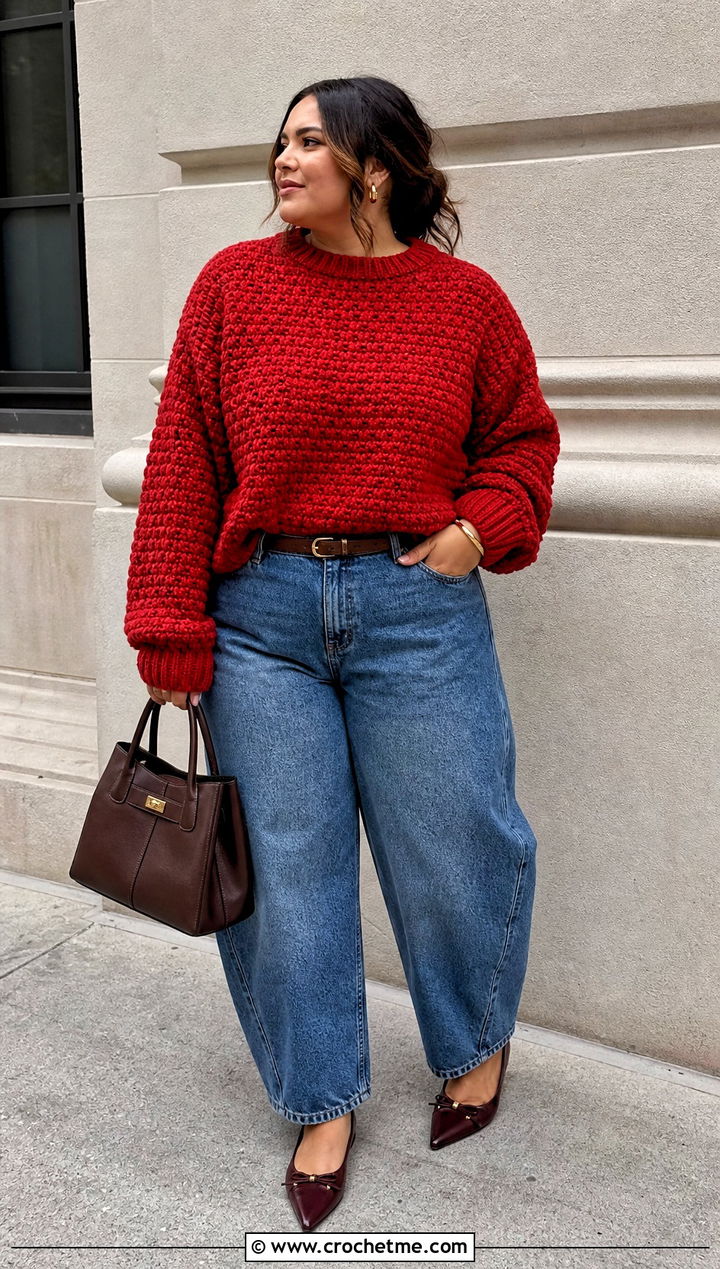 Scarlet Chunky Crewneck Crochet Sweater With Barrel Jeans - 15 Red Crocheted Sweater Close-Up outfit ideas