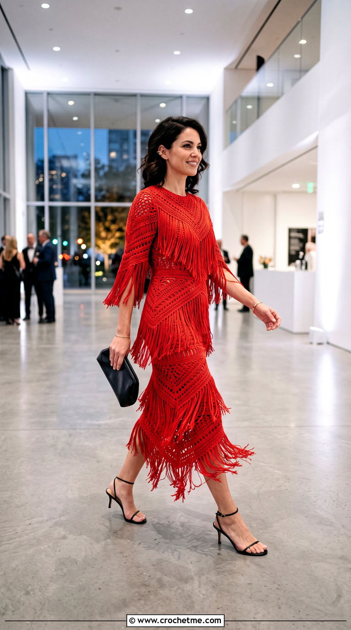 Scarlet Fringe Crochet Midi Dress With Minimal Heels - 35 crochet barbie dress outfit ideas