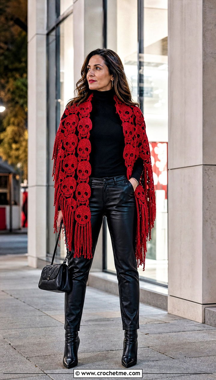 Scarlet Lost Souls Shawl With Black Leather Pants - 35 crochet lost souls shawl outfit ideas