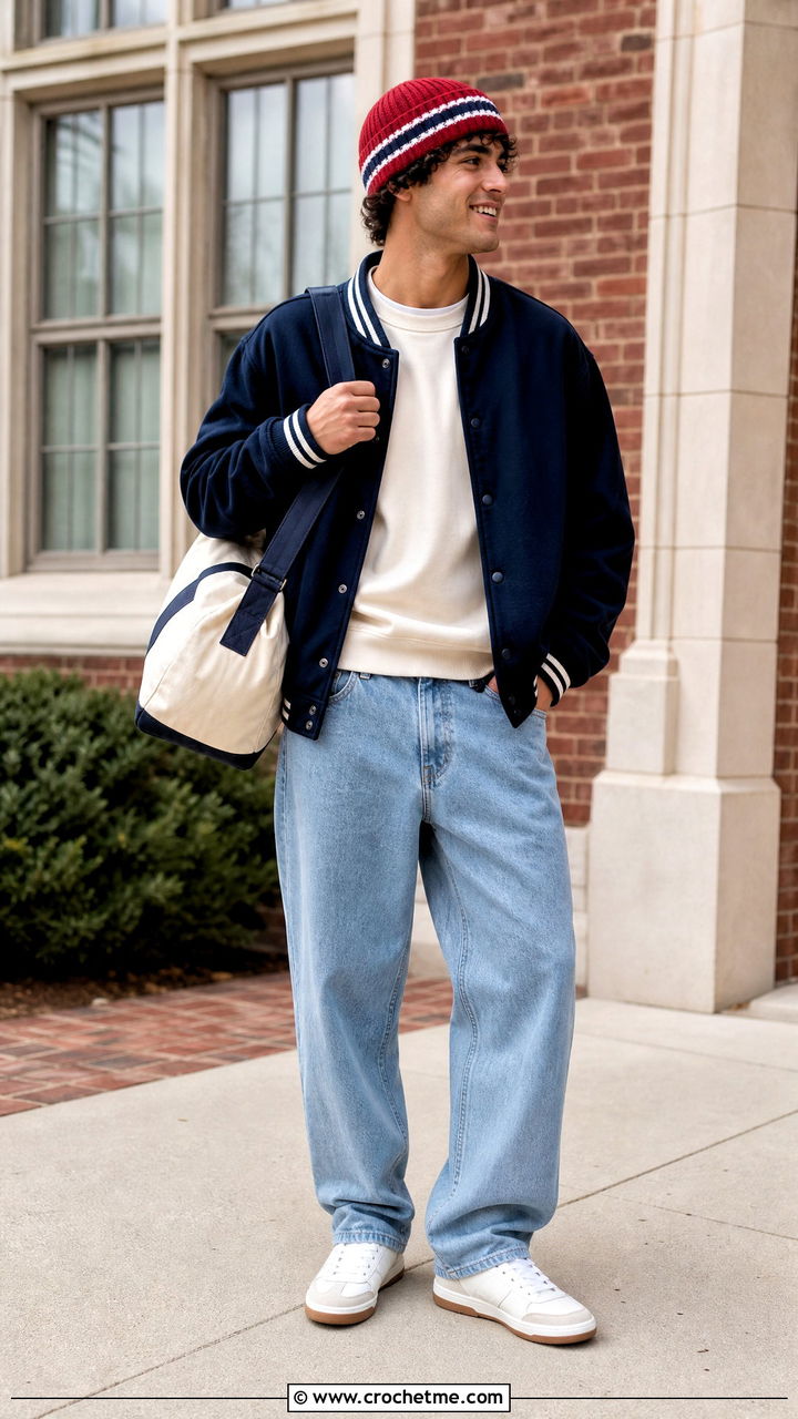 Scarlet Striped Crochet Beanie With Varsity Jacket - 35 mens crochet hats outfit ideas