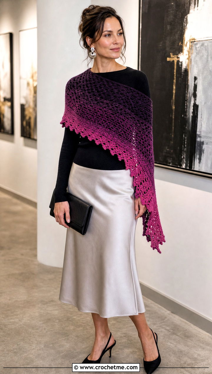 Scheepjes Whirl Asymmetrical Scarf With Satin Skirt - 15 Scheepjes Whirl Crochet Scarf outfit ideas
