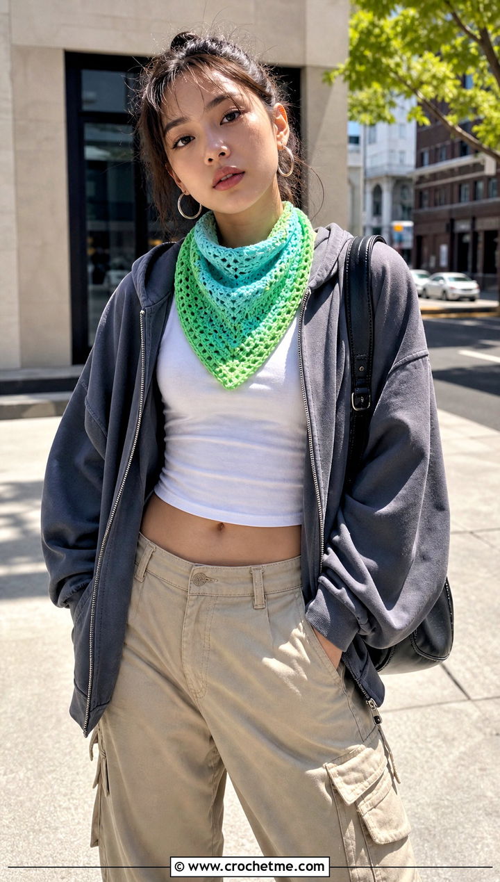 Scheepjes Whirl Bandana Scarf With Cargo Pants - 15 Scheepjes Whirl Crochet Scarf outfit ideas