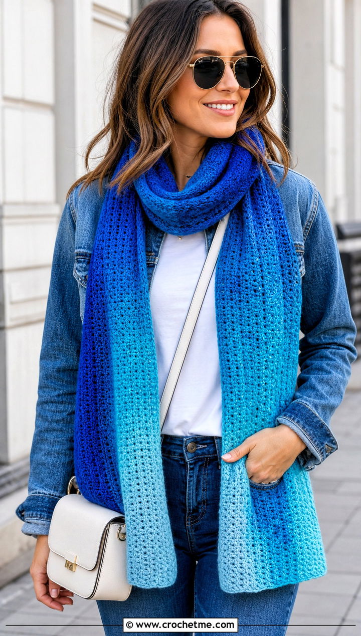 Scheepjes Whirl Gradient Rectangle Scarf With Denim Jacket - 15 Scheepjes Whirl Crochet Scarf outfit ideas