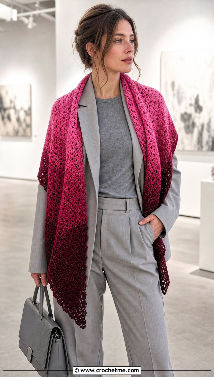 Scheepjes Whirl Ombre Stole Scarf With Monochrome Suit - 15 Scheepjes Whirl Crochet Scarf outfit ideas