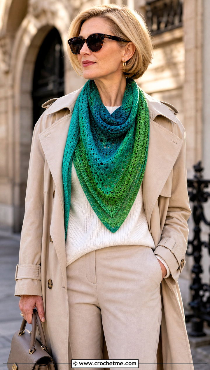 Scheepjes Whirl Triangle Scarf With Trench Coat - 15 Scheepjes Whirl Crochet Scarf outfit ideas