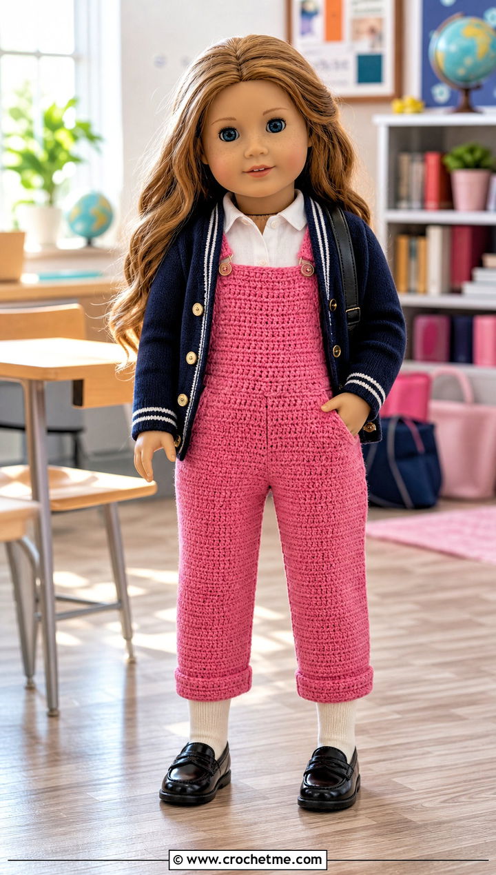 School Crochet Doll Overalls With Varsity Cardigan - 30 crochet doll overalls outfit ideas