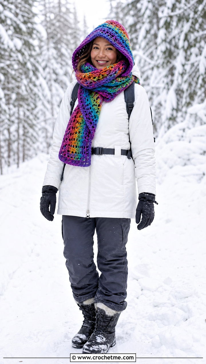 Scoodie Crochet Scarf With Snow Boots - 35 Winter Crochet Scarfs For Women outfit ideas