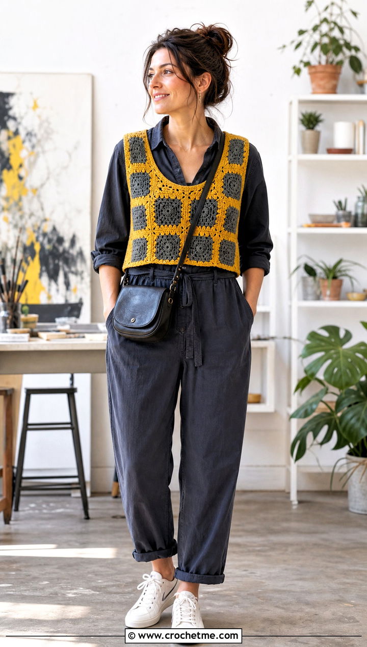 Scoop Neck Checkered Crochet Vest With Utility Jumpsuit - 30 checkered crochet vest outfit ideas